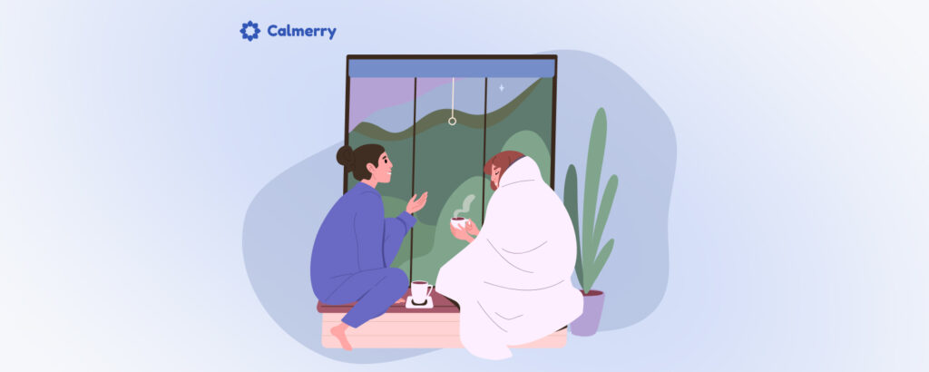Two friends are sitting on a windowsill in the evening. They have a cup of tea and a supportive heart-to-heart.