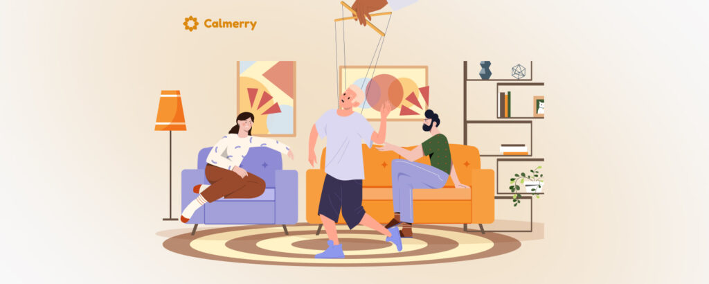 A stylized illustration of a living room scene. In the center, there is a child being manipulated while an adult, presumed to be one parent, is actively engaged in talks with another parent. On the left, another adult, potentially the other parent, is seated on a couch, looking disengaged and distant from the interaction. The room is warmly lit and well-decorated with art, plants, and books, suggesting a comfortable home environment. Despite the homey setting, the physical and emotional distance between one parent and the child, contrasted with the closeness of the other parent, visually represents the idea of parental alienation.